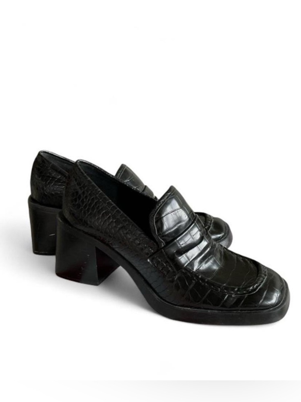 ZARA Black Snake Skin Chunky Block Heel Platform Penny Loafers EU 41